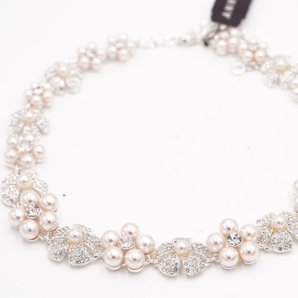 Anne Klein Silver Faux Pearl Collar Flower Necklace NWT